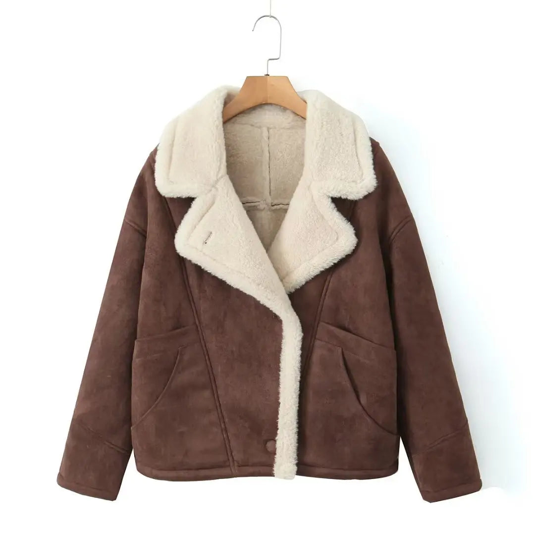 Giacca Invernale Donna Tipo Montone | Calda e Chic in Ecopelle Marrone con Colletto Morbido TIAMUSE Outwear