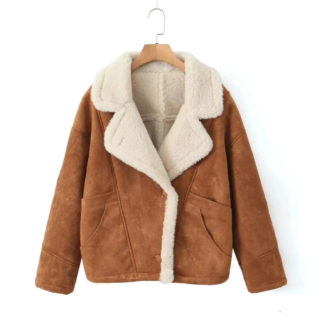 Giacca Invernale Donna Tipo Montone | Calda e Chic in Ecopelle Marrone con Colletto Morbido TIAMUSE Outwear