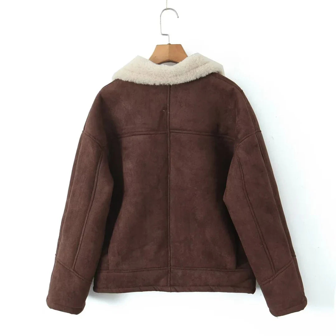 Giacca Invernale Donna Tipo Montone | Calda e Chic in Ecopelle Marrone con Colletto Morbido TIAMUSE Outwear