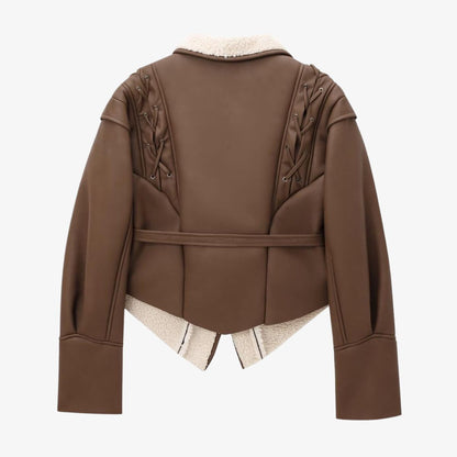 Giacca Invernale in Similpelle con Collo in Peluche e Dettagli con Lacci TIAMUSE Outwear