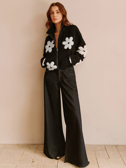 Giacca Nera con Fiori Bianchi in Stile Teddy | Fiori TIAMUSE Jackets