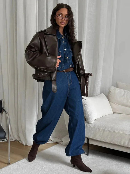 Giacca di Tendenza in Pelle Vegana Oversize - Perfetta per l’Autunno e l’Inverno | Karen TIAMUSE Jackets