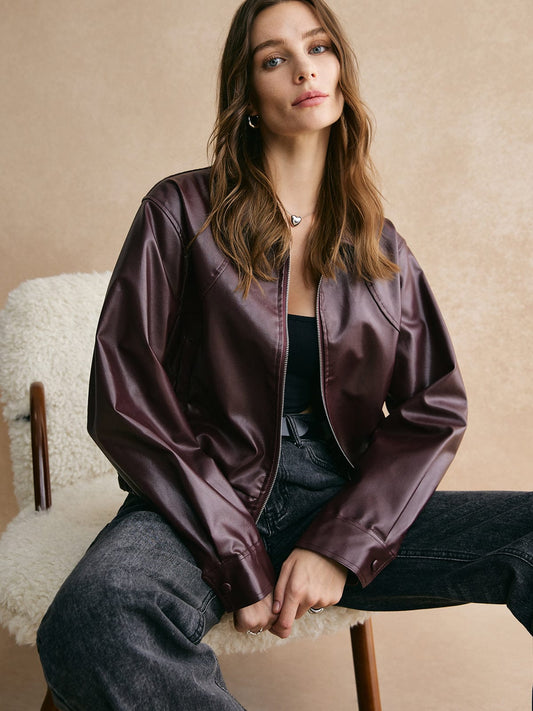 Giubbotto Bomber Corto da Donna Color Bordeaux | Ecopelle , Zip frontale, Autunno/Inverno TIAMUSE Outwear