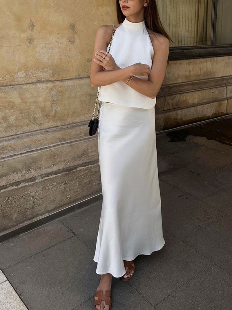 Hannah – Completo Bianco in Raso a Due Pezzi con Schiena Scoperta | Look Elegante e Leggero per Vacanze ed Eventi Estivi TIAMUSE One Pieces Women