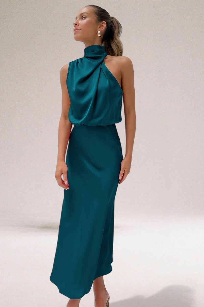 Isabel – Abito in Raso Glamour con Allacciatura al Collo 2025 | Look da Sera Elegante per Matrimoni, Cene ed Eventi Speciali TIAMUSE Abito Vestito