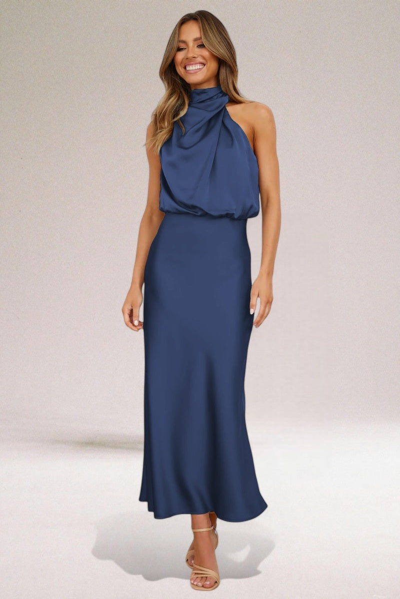 Isabel – Abito in Raso Glamour con Allacciatura al Collo 2025 | Look da Sera Elegante per Matrimoni, Cene ed Eventi Speciali TIAMUSE Abito Vestito