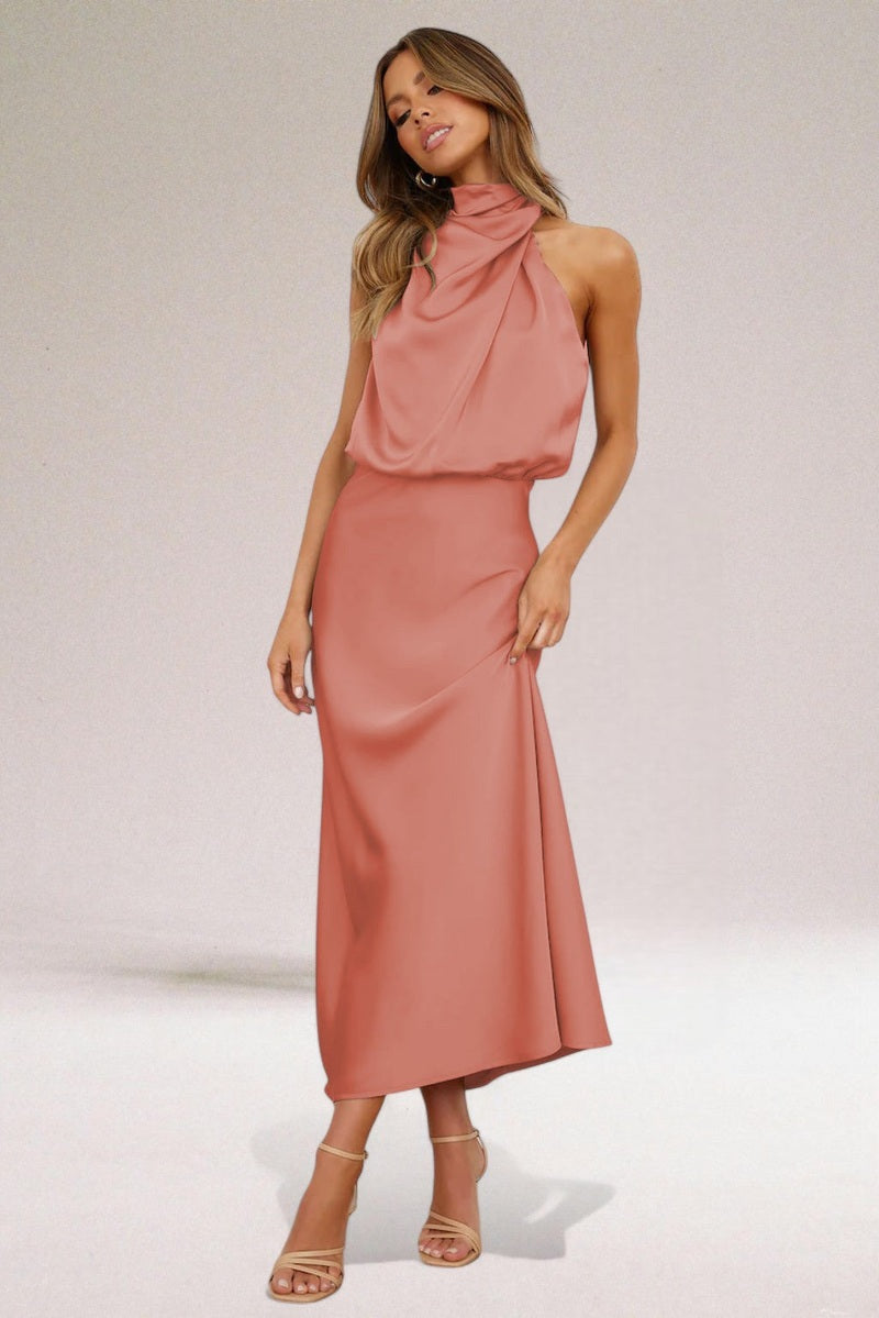 Isabel – Abito in Raso Glamour con Allacciatura al Collo 2025 | Look da Sera Elegante per Matrimoni, Cene ed Eventi Speciali TIAMUSE Abito Vestito