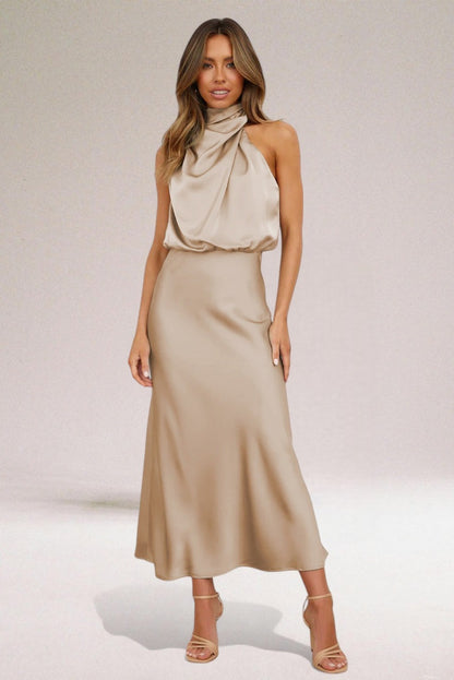 Isabel – Abito in Raso Glamour con Allacciatura al Collo 2025 | Look da Sera Elegante per Matrimoni, Cene ed Eventi Speciali TIAMUSE Abito Vestito
