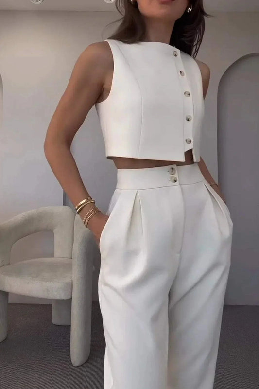 Ivonne Completo a Due Pezzi con Gilet Senza Maniche e Pantaloni a Vita Alta | Look Elegante per Ufficio ed Eventi Estivi TIAMUSE Completo a Due Pezzi