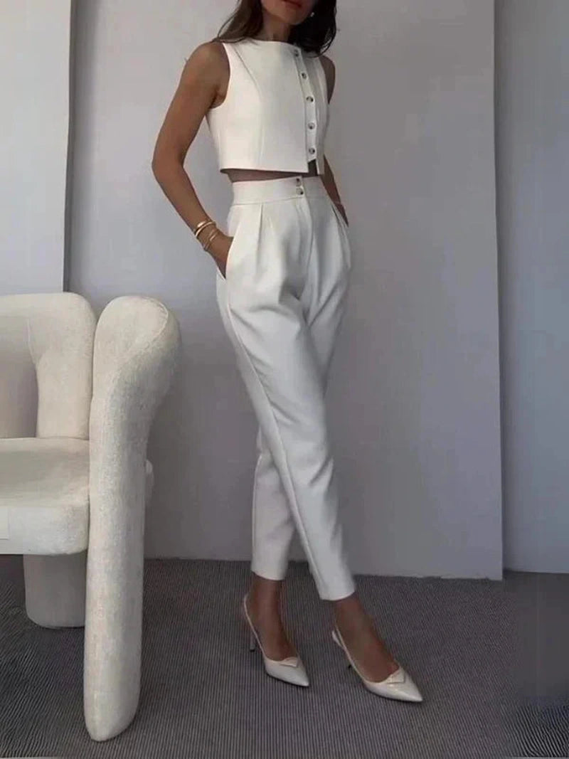 Ivonne Completo a Due Pezzi con Gilet Senza Maniche e Pantaloni a Vita Alta | Look Elegante per Ufficio ed Eventi Estivi TIAMUSE Completo a Due Pezzi