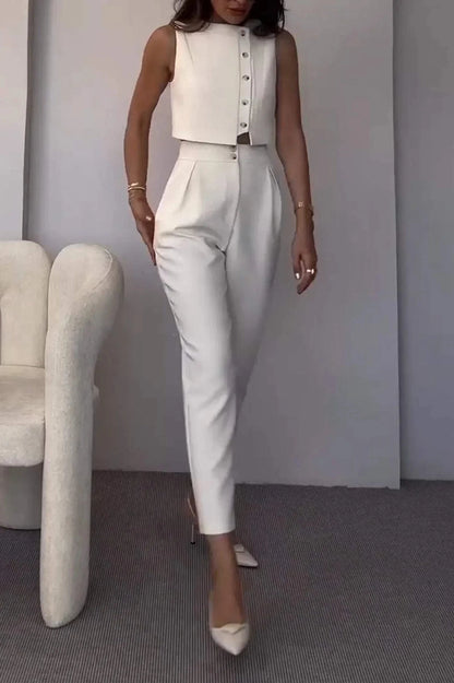 Ivonne Completo a Due Pezzi con Gilet Senza Maniche e Pantaloni a Vita Alta | Look Elegante per Ufficio ed Eventi Estivi TIAMUSE Completo a Due Pezzi