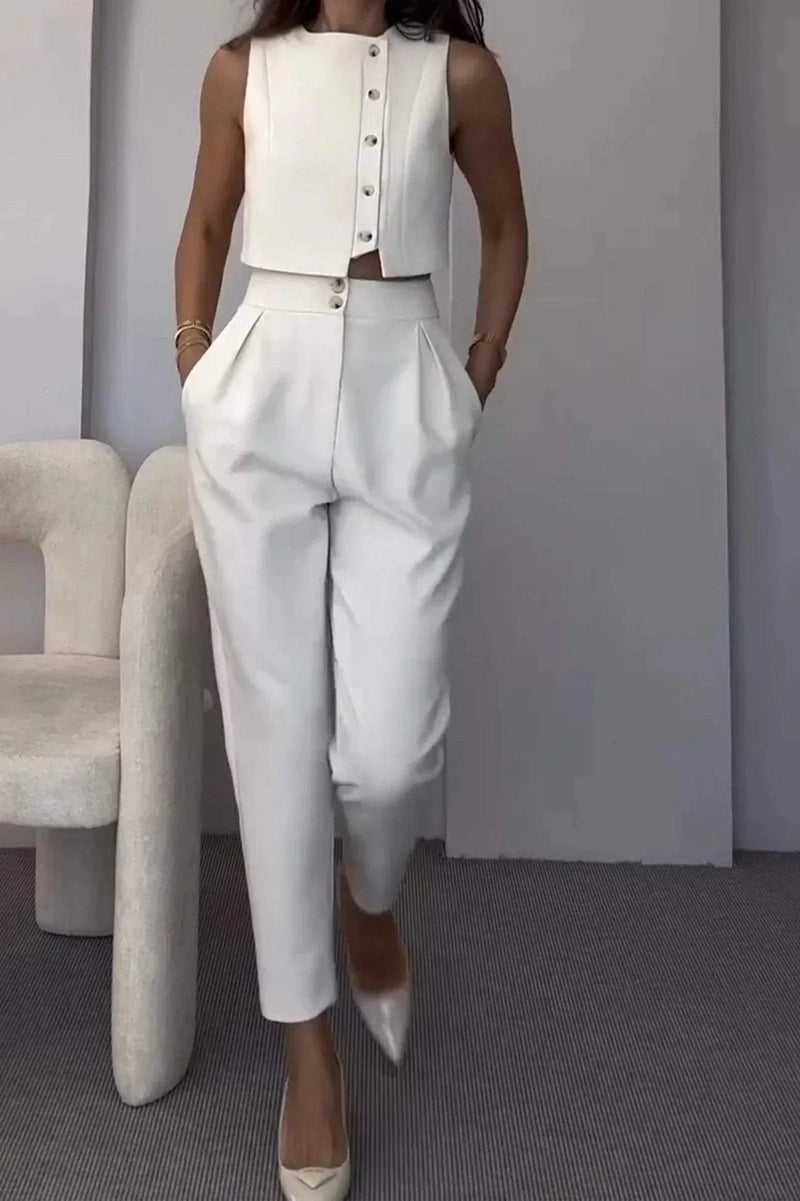 Ivonne Completo a Due Pezzi con Gilet Senza Maniche e Pantaloni a Vita Alta | Look Elegante per Ufficio ed Eventi Estivi TIAMUSE Completo a Due Pezzi