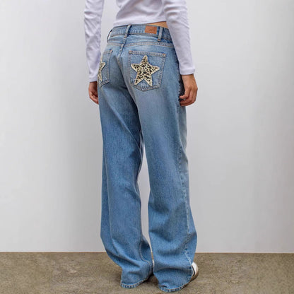 Jeans Donna Dritti | Denim Blu con Patchwork a Stella Maculata TIAMUSE Jeans