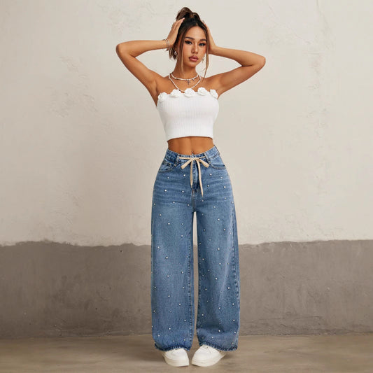 Jeans Donna Wide-Leg Lunghi a Vita Alta | Dettagli in Strass, Cinturino a Cordino TIAMUSE Jeans