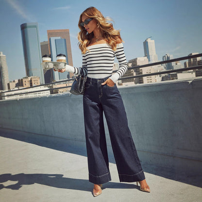 Jeans Donna Wide-Leg a Vita Alta | Blu Intenso TIAMUSE Jeans