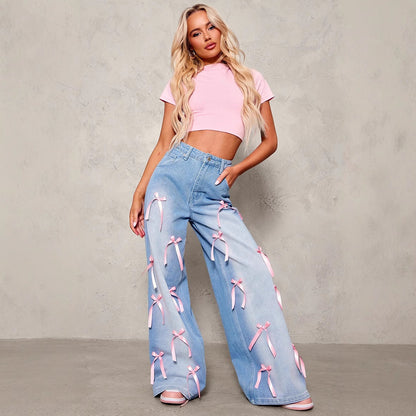 Jeans Donna a Vita Alta Wide-Leg | Azzurro con Fiocchetti Rosa TIAMUSE Jeans