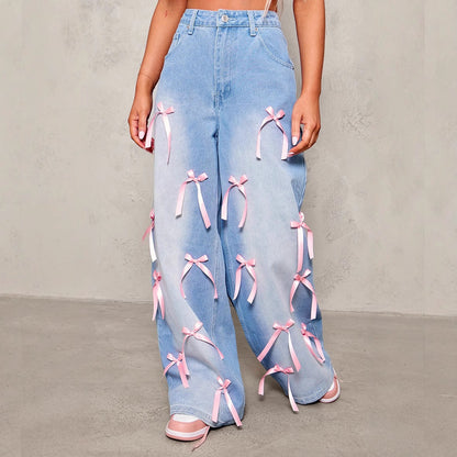 Jeans Donna a Vita Alta Wide-Leg | Azzurro con Fiocchetti Rosa TIAMUSE Jeans