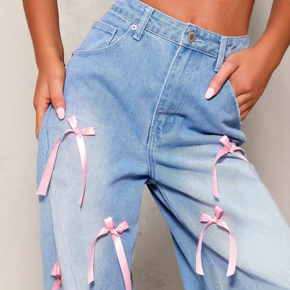 Jeans Donna a Vita Alta Wide-Leg | Azzurro con Fiocchetti Rosa TIAMUSE Jeans