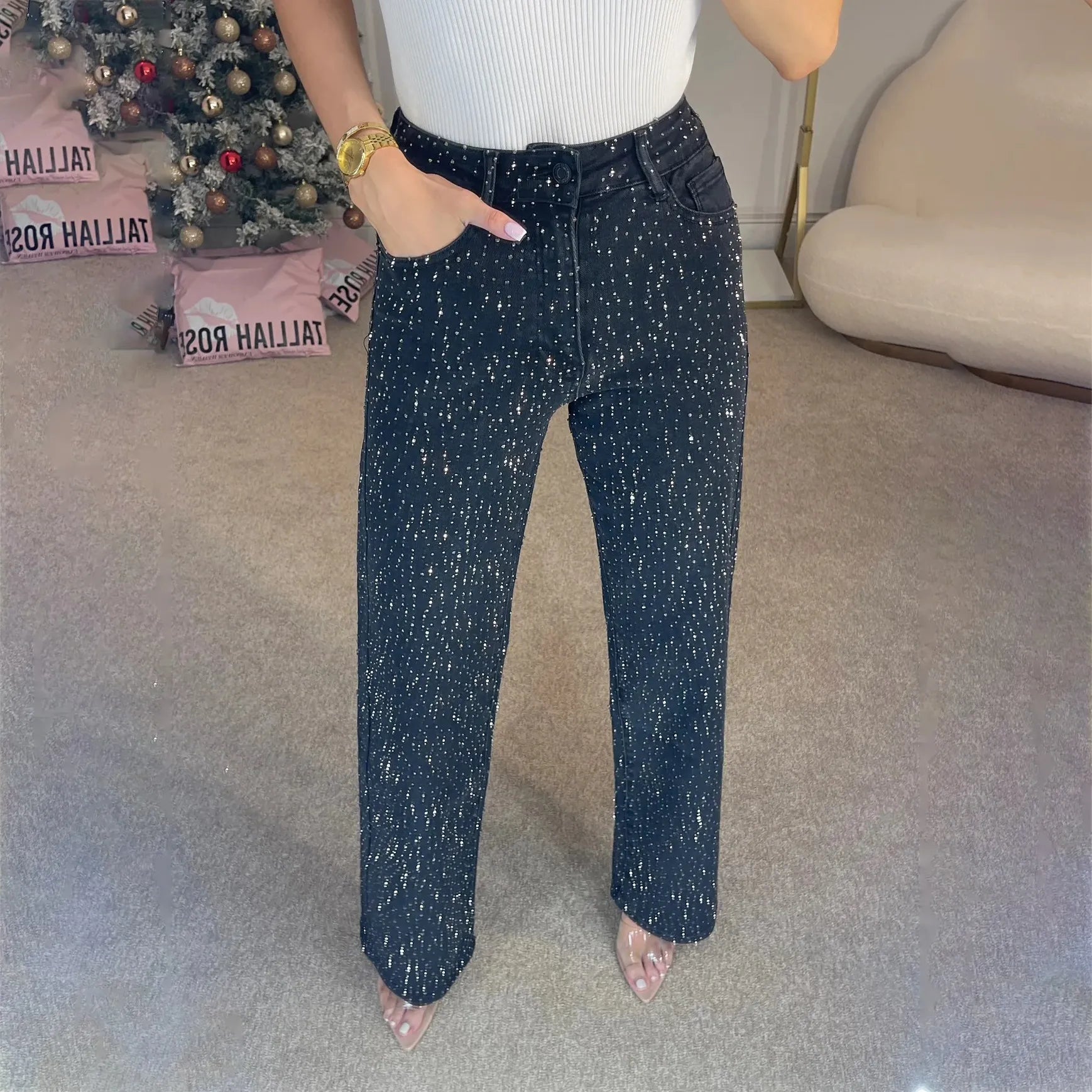 Jeans Eleganti Donna | Denim Brillante a Vita Alta in Grigio, Nero e Azzurro Chiaro TIAMUSE