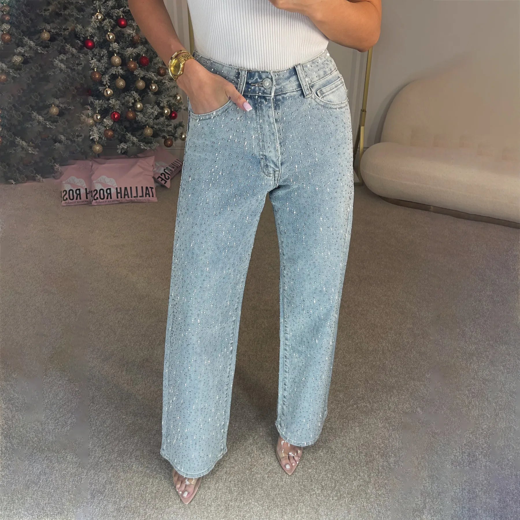 Jeans Eleganti Donna | Denim Brillante a Vita Alta in Grigio, Nero e Azzurro Chiaro TIAMUSE