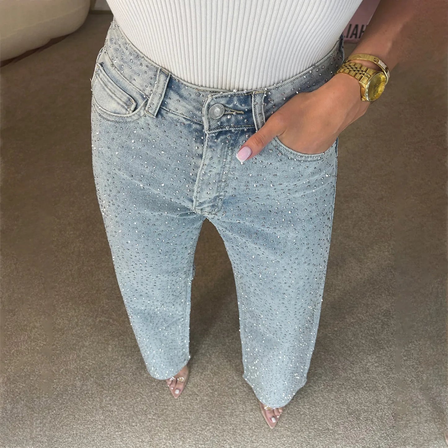 Jeans Eleganti Donna | Denim Brillante a Vita Alta in Grigio, Nero e Azzurro Chiaro TIAMUSE