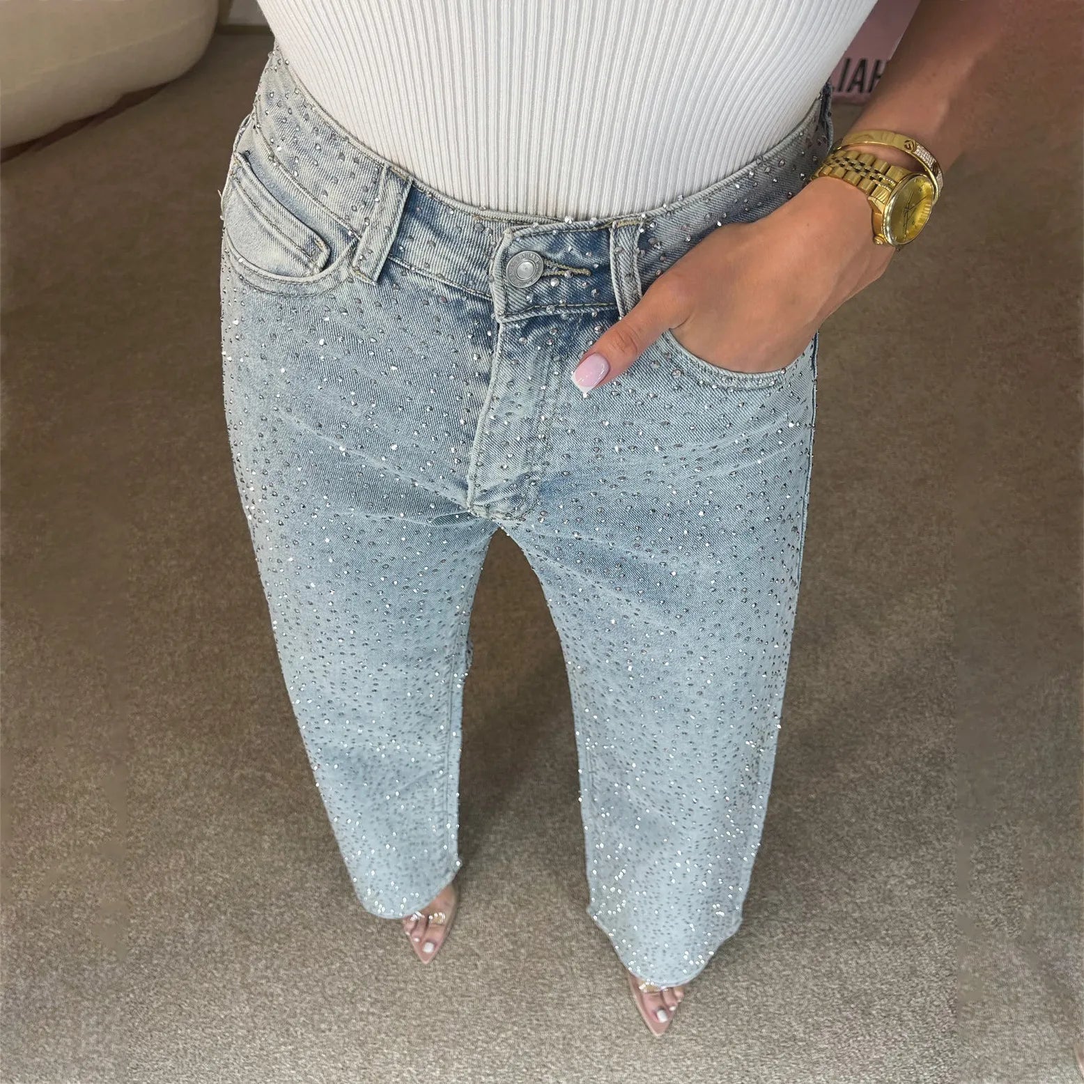 Jeans Eleganti Donna | Denim Brillante a Vita Alta in Grigio, Nero e Azzurro Chiaro TIAMUSE
