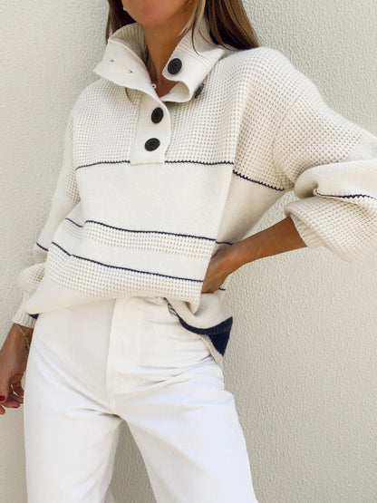 Maglione Donna Bianco a Collo Aperto con Bottoni | Pullover Elegante Invernale TIAMUSE Sweaters