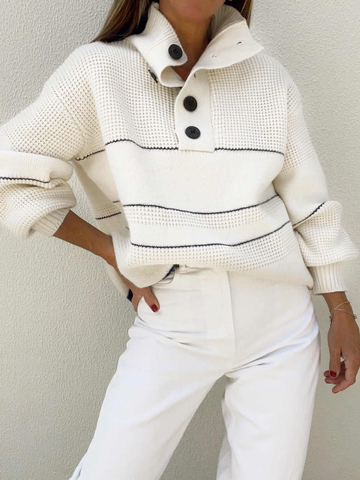 Maglione Donna Bianco a Collo Aperto con Bottoni | Pullover Elegante Invernale TIAMUSE Sweaters