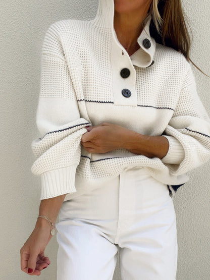 Maglione Donna Bianco a Collo Aperto con Bottoni | Pullover Elegante Invernale TIAMUSE Sweaters