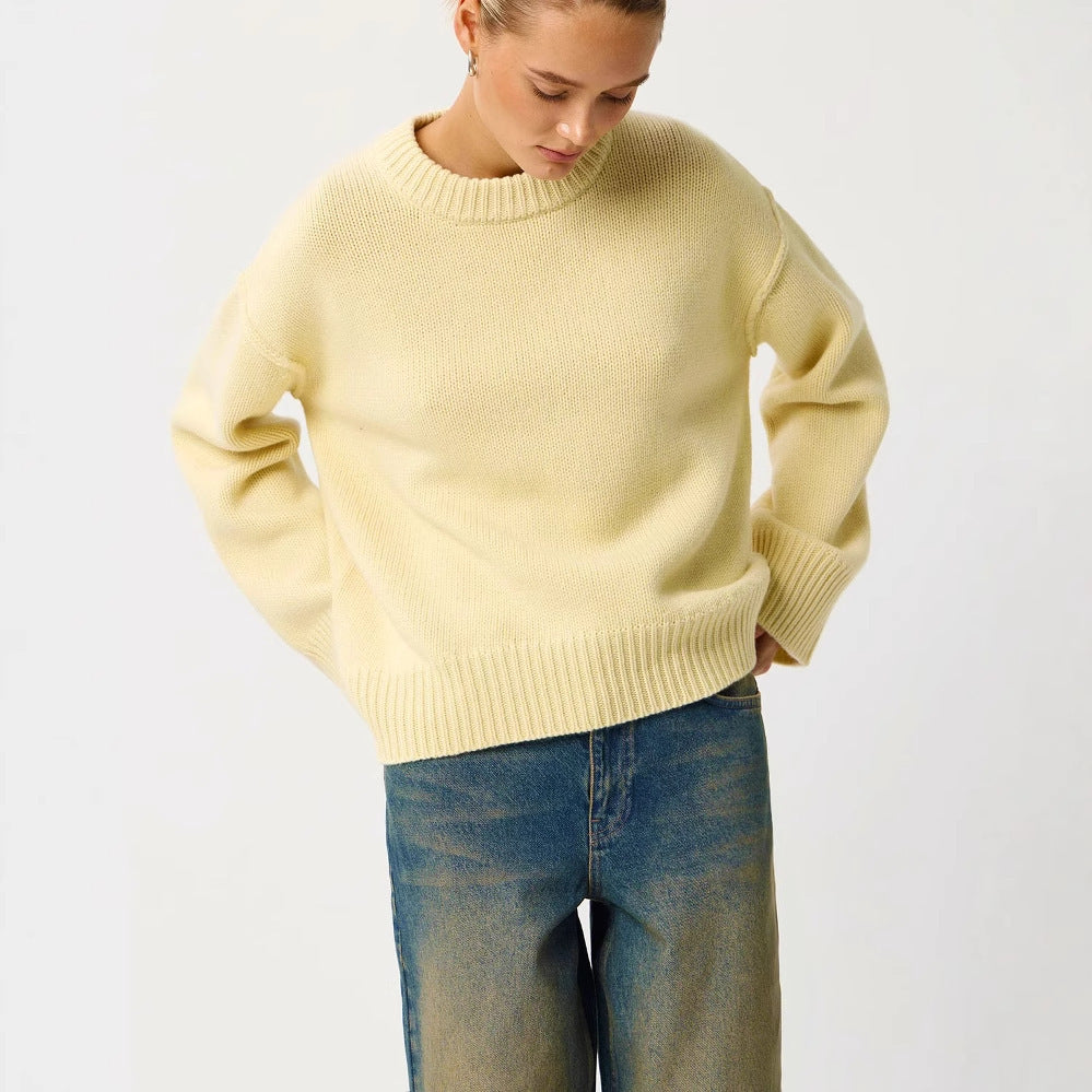 Maglione Donna Oversize Collo Rotondo Giallo Chiaro | Pullover Autunno Inverno Caldo TIAMUSE