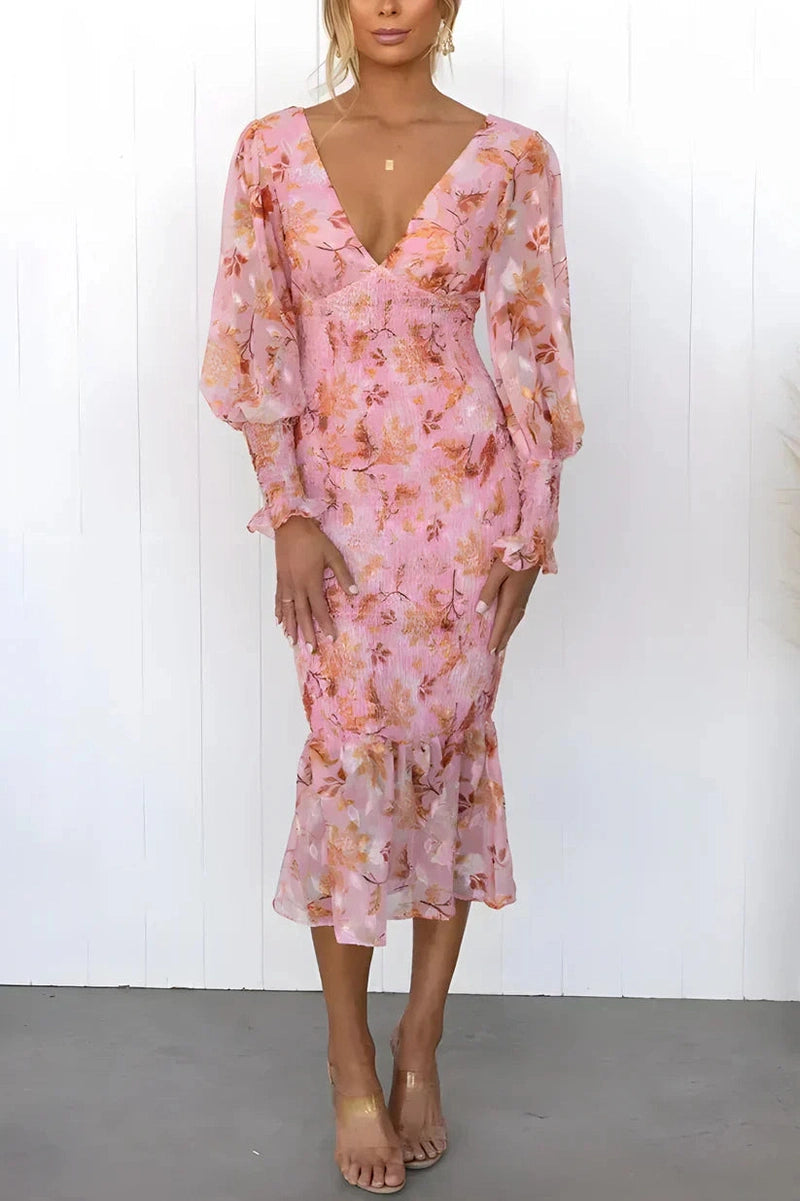 Maya Abito Midi Floreale 2025 | Vestito Elegante con Maniche Lunghe e Scollo a V per Primavera & Estate TIAMUSE Dresses