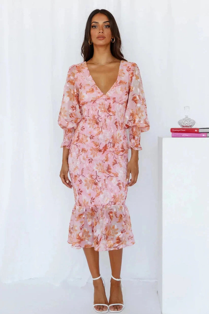 Maya Abito Midi Floreale 2025 | Vestito Elegante con Maniche Lunghe e Scollo a V per Primavera & Estate TIAMUSE Dresses