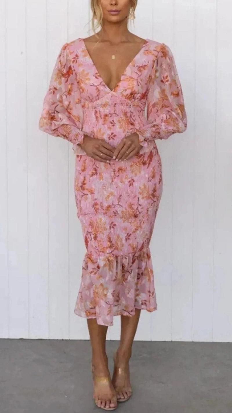 Maya Abito Midi Floreale 2025 | Vestito Elegante con Maniche Lunghe e Scollo a V per Primavera & Estate TIAMUSE Dresses