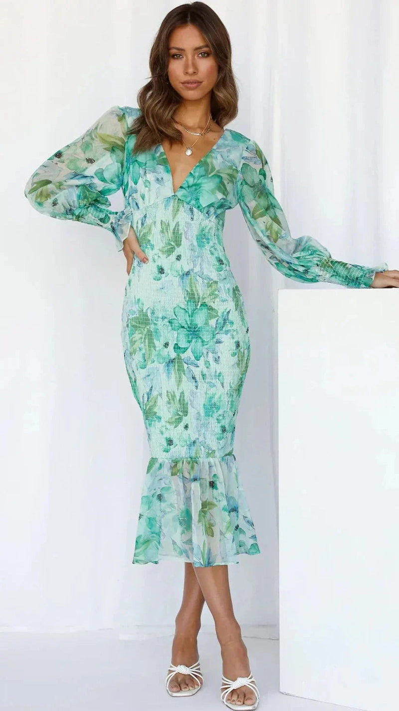 Maya Abito Midi Floreale 2025 | Vestito Elegante con Maniche Lunghe e Scollo a V per Primavera & Estate TIAMUSE Dresses