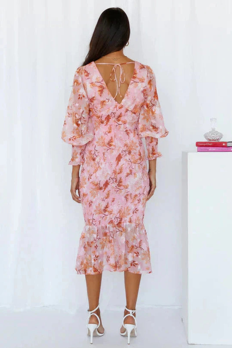 Maya Abito Midi Floreale 2025 | Vestito Elegante con Maniche Lunghe e Scollo a V per Primavera & Estate TIAMUSE Dresses