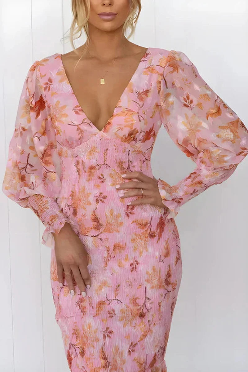 Maya Abito Midi Floreale 2025 | Vestito Elegante con Maniche Lunghe e Scollo a V per Primavera & Estate TIAMUSE Dresses