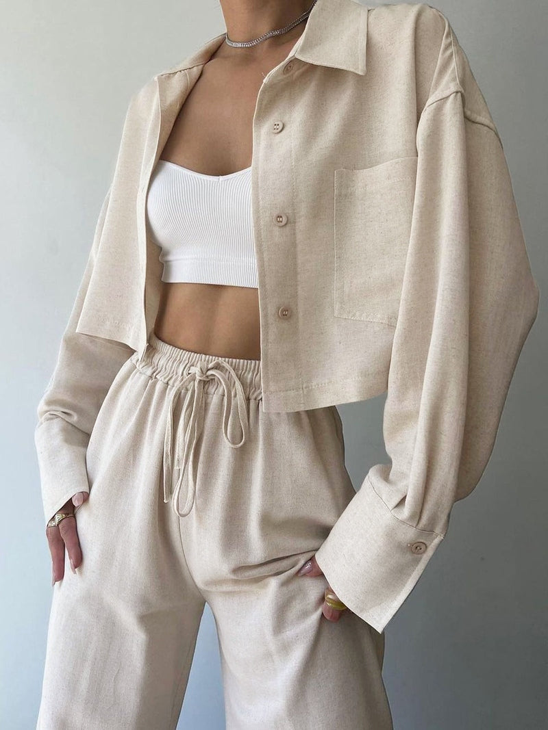 Melania Completo Elegante con Pantaloni in Lino e Colletto | Set Casual Chic per Viaggi, Relax e Giornate Estive TIAMUSE One Pieces Women