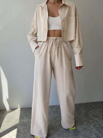 Melania Completo Elegante con Pantaloni in Lino e Colletto | Set Casual Chic per Viaggi, Relax e Giornate Estive TIAMUSE One Pieces Women