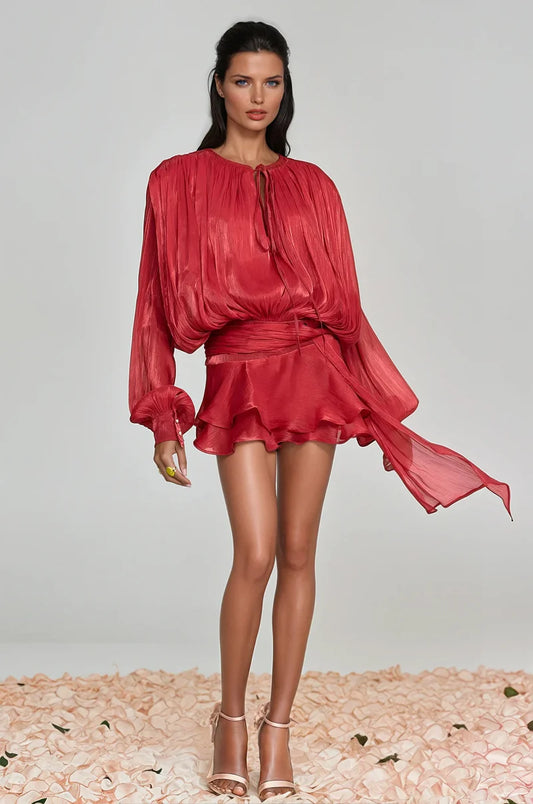 Mini abito rosso con drappeggio – Perfetto per un appuntamento o una festa 2025 TIAMUSE Abito GLAM