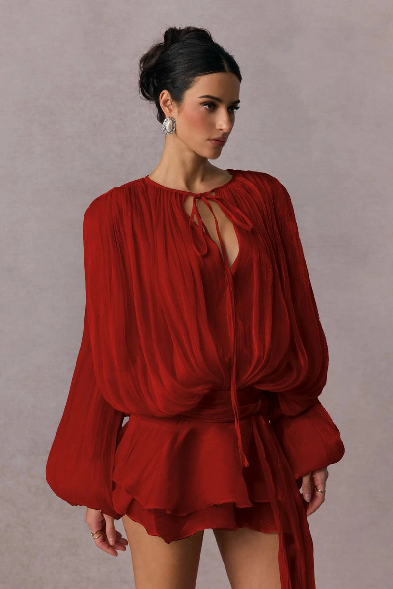 Mini abito rosso con drappeggio – Perfetto per un appuntamento o una festa 2025 TIAMUSE Abito GLAM