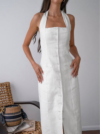 Mirala Abito Midi Bianco in Cotone-Lino con Schiena Scoperta | Look Estivo Elegante TIAMUSE Dresses