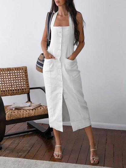 Mirala Abito Midi Bianco in Cotone-Lino con Schiena Scoperta | Look Estivo Elegante TIAMUSE Dresses
