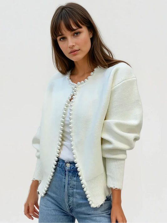 Cardigan Donna con Bordo di Perle | Maglia Elegante Moda 2025 Autunno Inverno