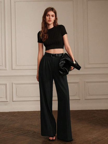 Pantaloni Donna Neri Wide-Leg | Pantaloni Dritti da Tailleur con Tasch TIAMUSE Pants