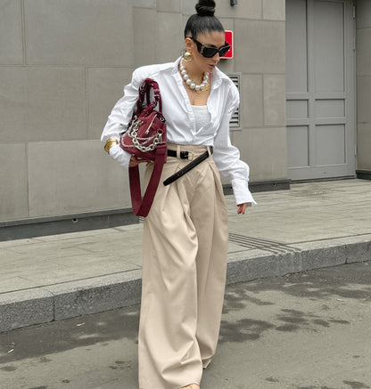 Pantaloni Donna a Vita Alta Wide-Leg | Colore Beige, per Ufficio e Look Quotidiani TIAMUSE Pants