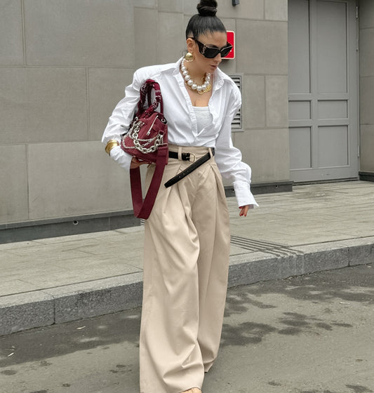 Pantaloni Donna a Vita Alta Wide-Leg | Colore Beige, per Ufficio e Look Quotidiani TIAMUSE Pants