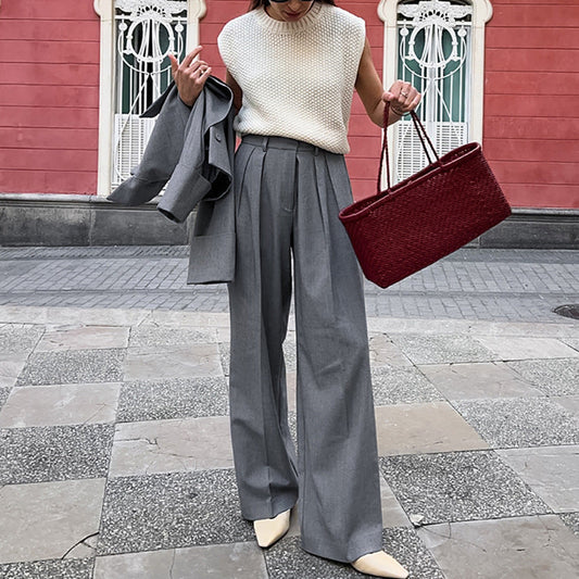 Pantaloni Donna da Tailleur a Vita Alta | Gamba Dritta Larga in Grigio TIAMUSE Pants