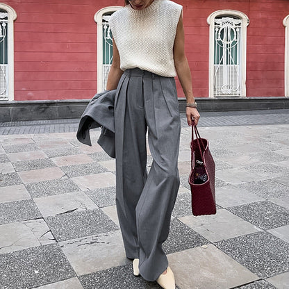 Pantaloni Donna da Tailleur a Vita Alta | Gamba Dritta Larga in Grigio TIAMUSE Pants