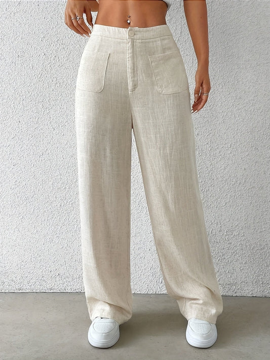 Pantaloni Donna in Lino Beige a Vita Alta con Tasche – Eleganza Estiva e Comfort TIAMUSE Pantaloni
