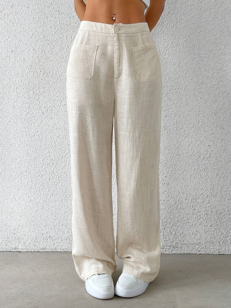 Pantaloni Donna in Lino Beige a Vita Alta con Tasche – Eleganza Estiva e Comfort TIAMUSE Pantaloni